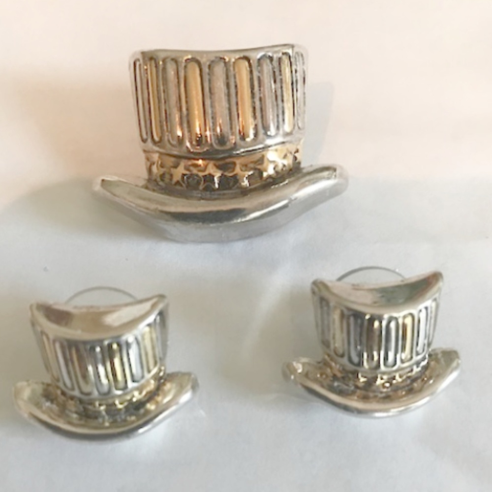 Uncle Sam Hat Pendant Pin Matching Earrings VTG